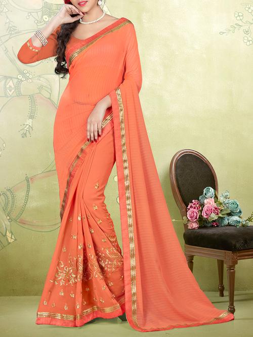 orange georgette embroidered saree with blouse - 14654389 - Very Small Image - 1