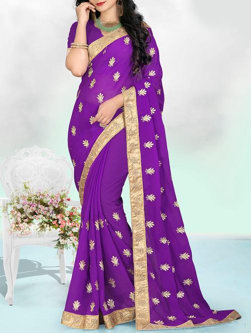 purple georgette embroidered saree with blouse - 14654395 - Very Small Image - 1