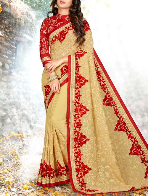 beige georgette embroidered saree with blouse - 14654404 - Very Small Image - 1