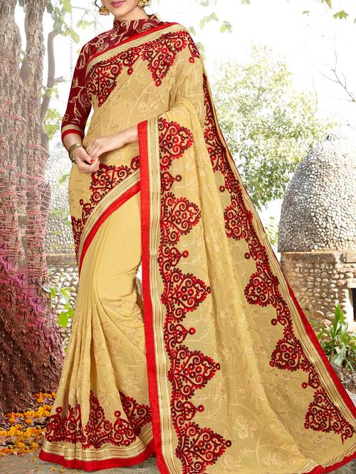 beige georgette embroidered saree with blouse - 14654408 - Very Small Image - 1