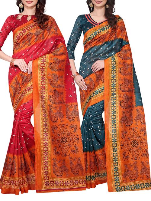 set of 2 multicolored printed saree with blouse - 14656798 - Very Small Image - 1