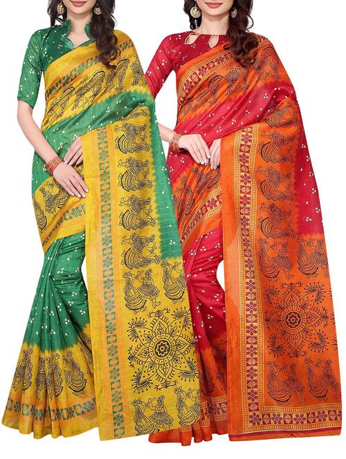 set of 2 multicolored printed saree with blouse - 14656799 - Very Small Image - 1