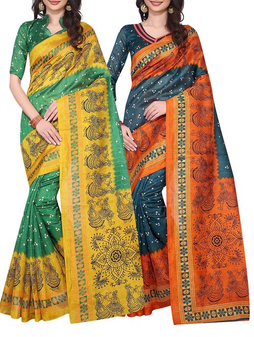set of 2 multicolored printed saree with blouse - 14656805 - Very Small Image - 1