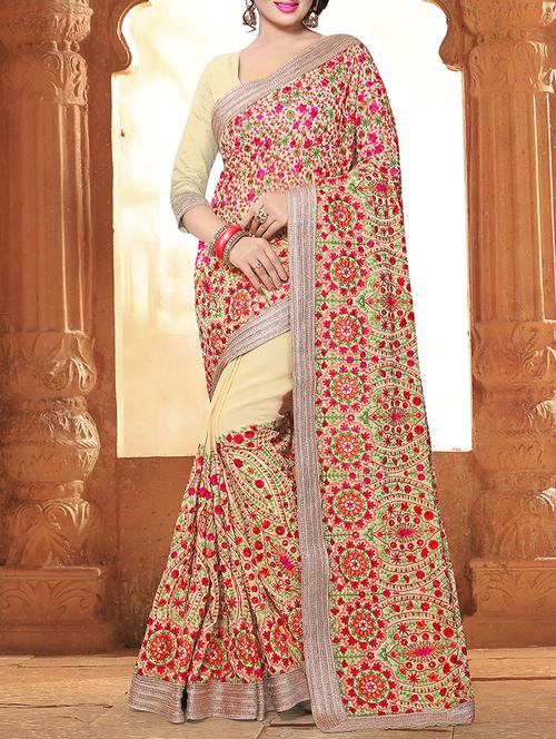 cream georgette embroidered saree with blouse - 14665340 - Very Small Image - 1