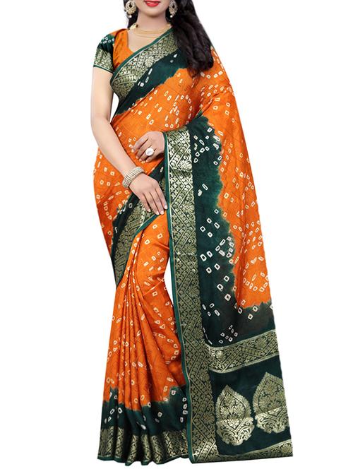 orange & green poly cotton bandhani saree with blouse - 14667143 - Very Small Image - 1