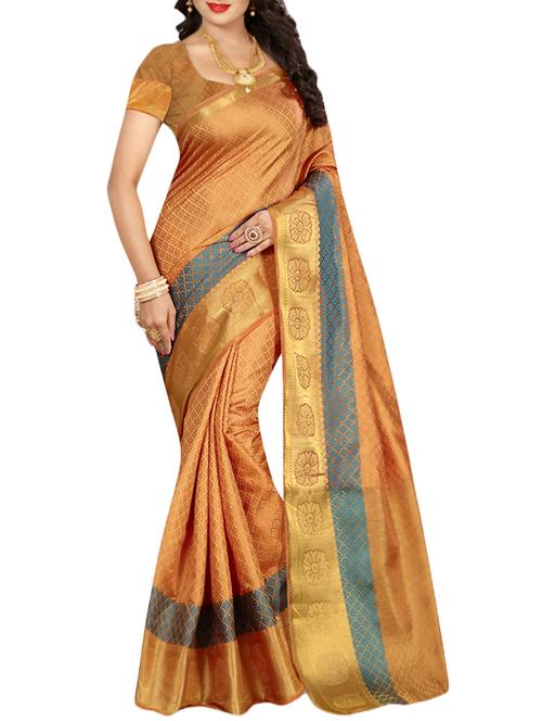 orange poly cotton woven saree with blouse - 14667150 - Very Small Image - 1