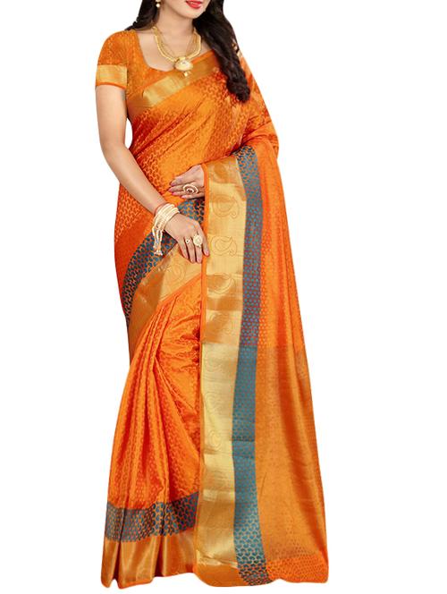 orange poly cotton woven saree with blouse - 14667156 - Very Small Image - 1