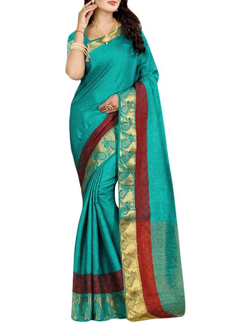 turquoise poly cotton woven saree with blouse - 14667157 - Very Small Image - 1