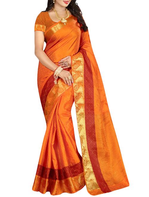 orange poly cotton woven saree with blouse - 14667161 - Very Small Image - 1