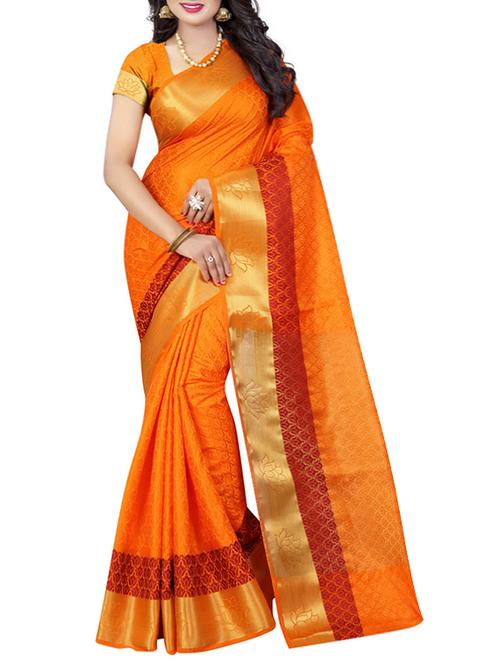 orange poly cotton woven saree with blouse - 14667164 - Very Small Image - 1