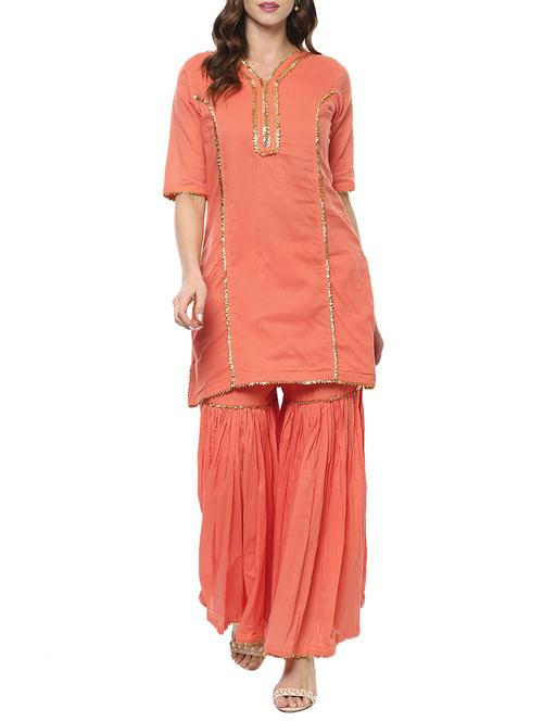 orange cotton kurta palazzo set - 14668940 - Very Small Image - 1