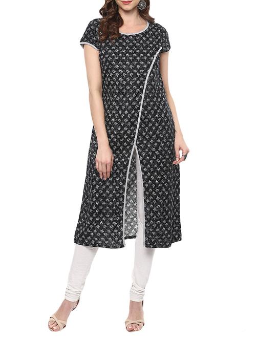 black cotton high slit kurta - 14668958 - Very Small Image - 1