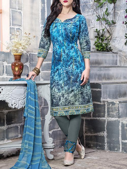 sky blue cotton unstitched churidaar suit - 14671836 - Very Small Image - 1
