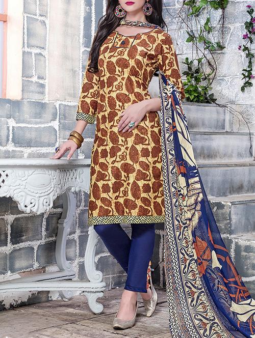 brown cotton unstitched churidaar suit - 14671840 - Very Small Image - 1