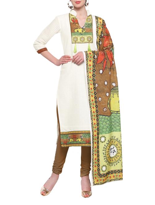 white cotton blend unstitched churidaar suit - 14671848 - Very Small Image - 1