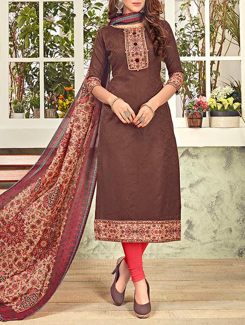 brown cotton blend unstitched churidaar suit - 14671862 - Very Small Image - 1