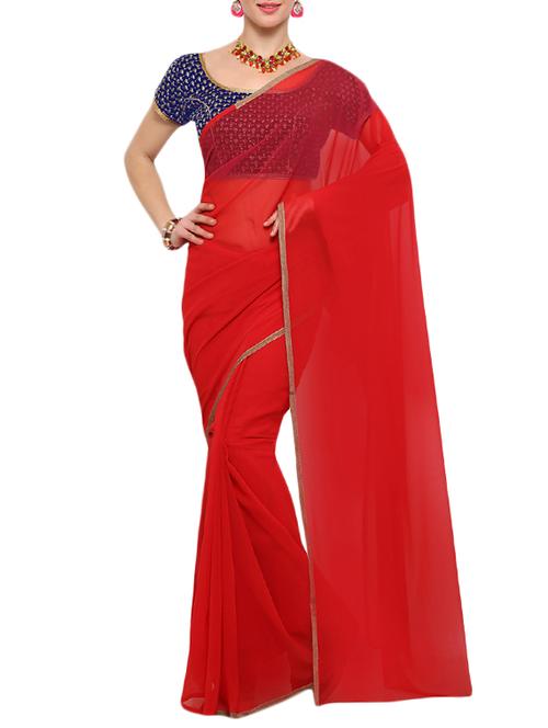 red georgette plain saree with blouse - 14671945 - Very Small Image - 1