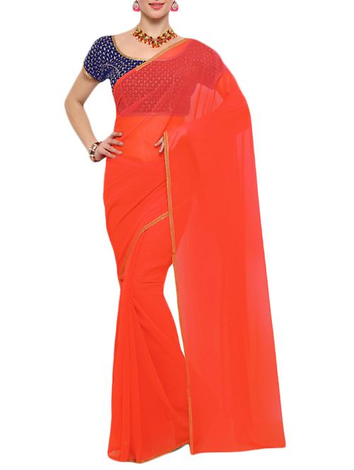 orange georgette plain saree with blouse - 14671957 - Very Small Image - 1