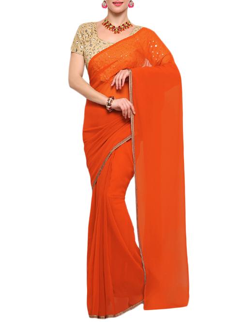 orange georgette plain saree with blouse - 14671958 - Very Small Image - 1