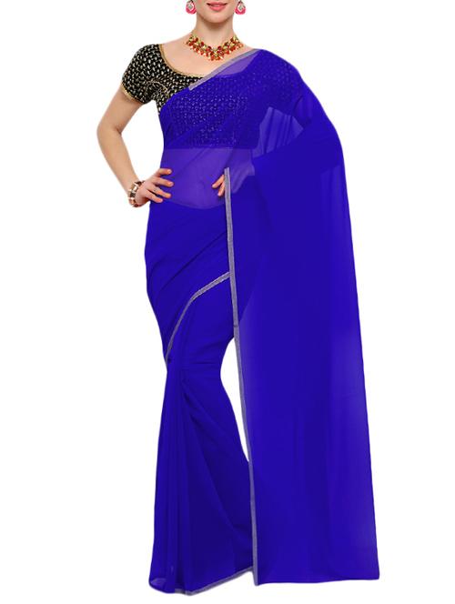 blue georgette plain saree with blouse - 14671960 - Very Small Image - 1