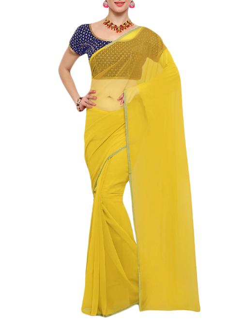 yellow georgette plain saree with blouse - 14671963 - Very Small Image - 1