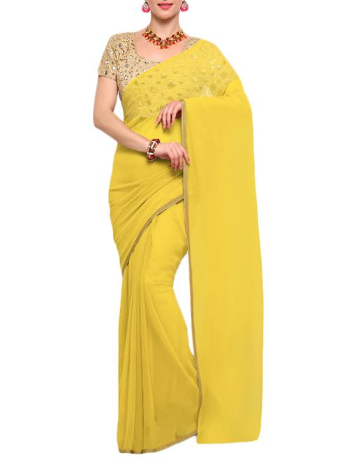 yellow georgette plain saree with blouse - 14671964 - Very Small Image - 1