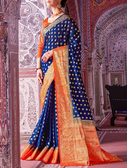 blue silk blend woven saree with blouse - 14672010 - Very Small Image - 1