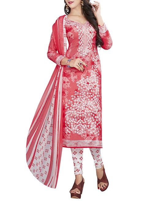 red churidaar printed unstitched suit - 14672218 - Very Small Image - 1