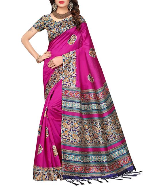 contrast bordered printed saree with blouse - 14674612 - Very Small Image - 1