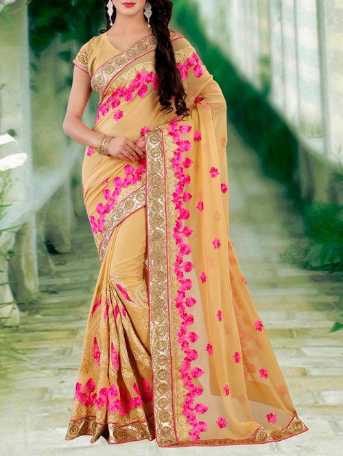 beige georgette embroidered saree - 14674798 - Very Small Image - 1