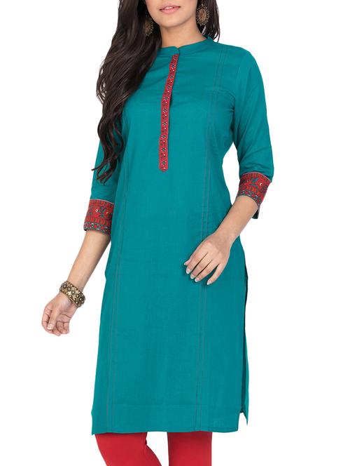green cotton straight kurta - 14676174 - Very Small Image - 1