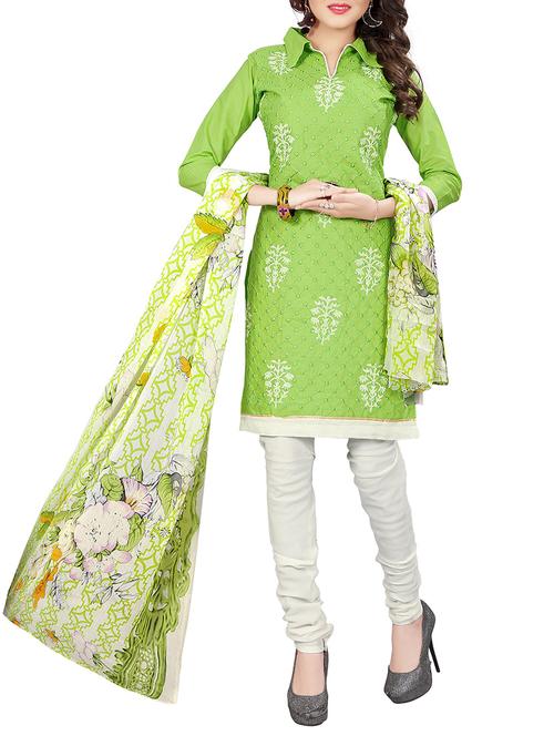 green cotton embroidered unstitched suit - 14677139 - Very Small Image - 1