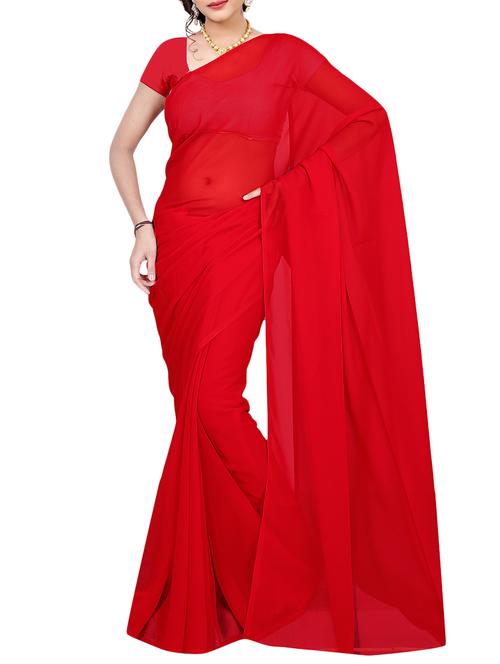 women's solid red colored saree with blouse - 14681416 - Very Small Image - 1