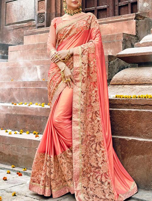 orange net embroidered saree with blouse - 14681636 - Very Small Image - 1