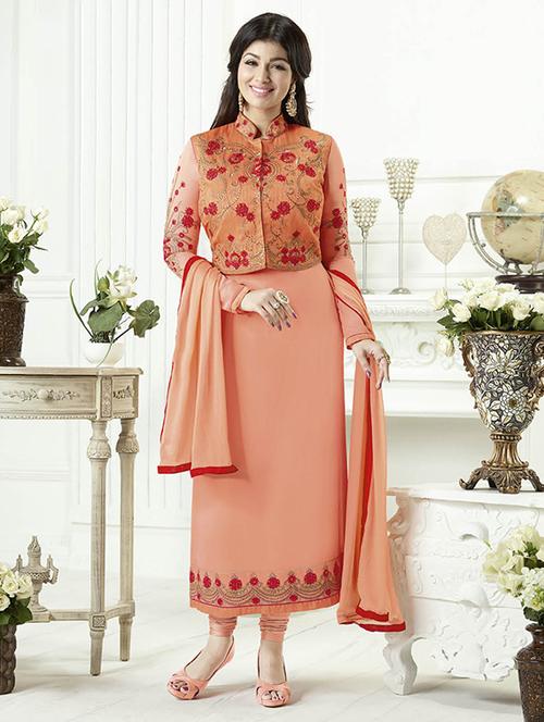 peach georgette embroidered unstitched suit - 14683546 - Very Small Image - 1