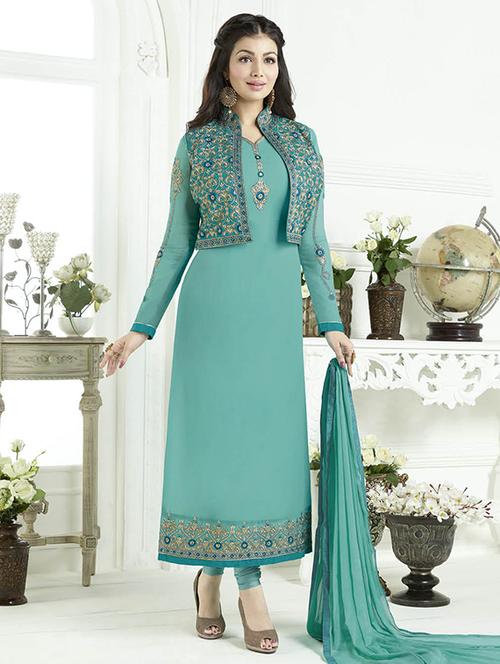turquoise georgette embroidered unstitched suit - 14683548 - Very Small Image - 1