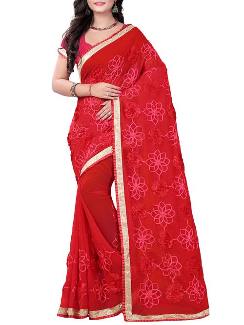 red georgette embroidered saree with blouse - 14698325 - Very Small Image - 1