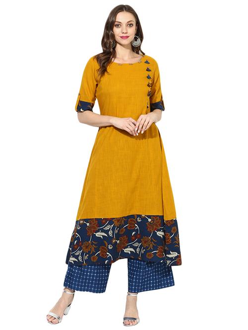 yellow cotton blend kurta palazzo set - 14705567 - Very Small Image - 1