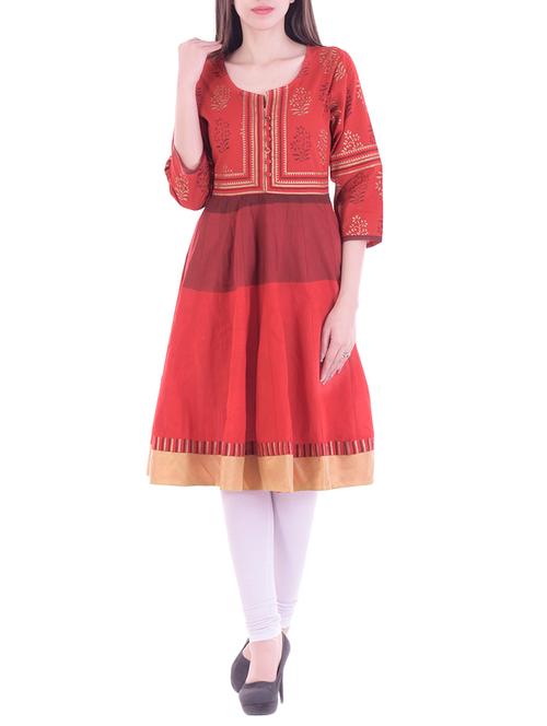 red cotton flared kurta - 14715204 - Very Small Image - 1