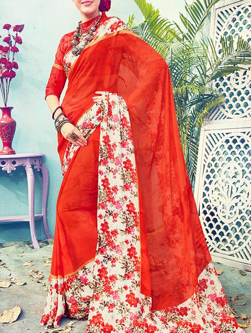 red georgette printed saree with blouse - 14715408 - Very Small Image - 1