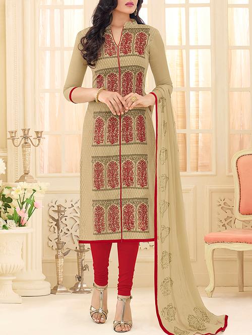 beige chanderi cotton unstitched suit - 14715421 - Very Small Image - 1