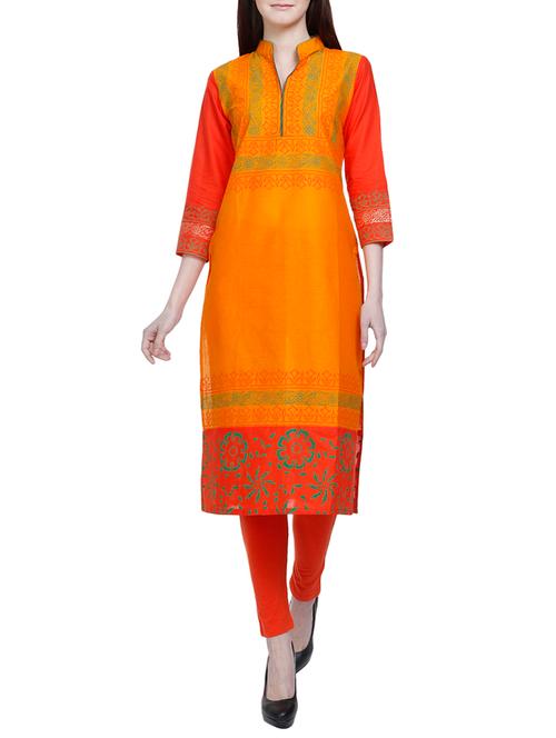 orange cotton straight kurta - 14720345 - Very Small Image - 1
