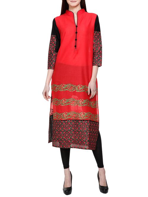 red cotton straight kurta - 14720351 - Very Small Image - 1