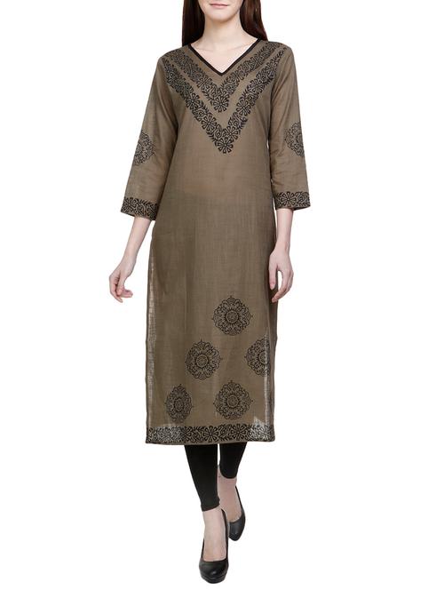 brown cotton straight kurta - 14720352 - Very Small Image - 1
