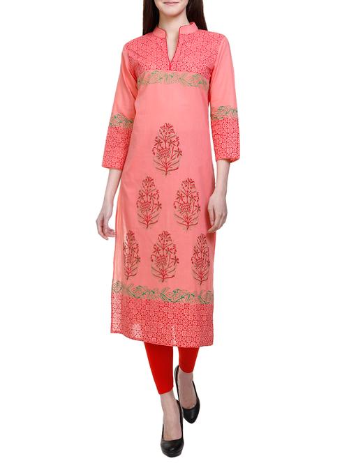 peach cotton straight kurta - 14720360 - Very Small Image - 1