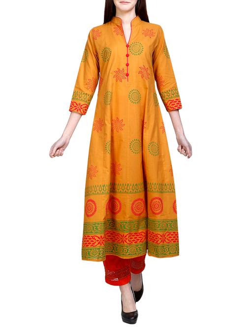 yellow cotton flared kurta - 14720368 - Very Small Image - 1