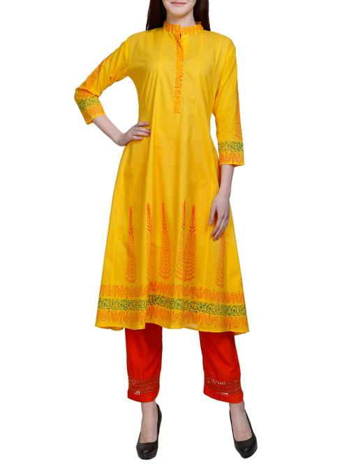 yellow cotton flared kurta - 14720369 - Very Small Image - 1