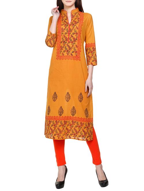 yellow cotton straight kurta - 14720372 - Very Small Image - 1
