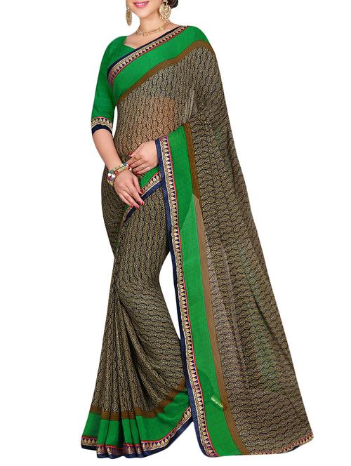 brown printed saree with blouse - 14720706 - Very Small Image - 1