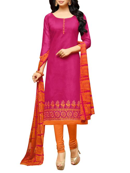 pink chanderi cotton embroidered unstitched suit - 14722748 - Very Small Image - 1